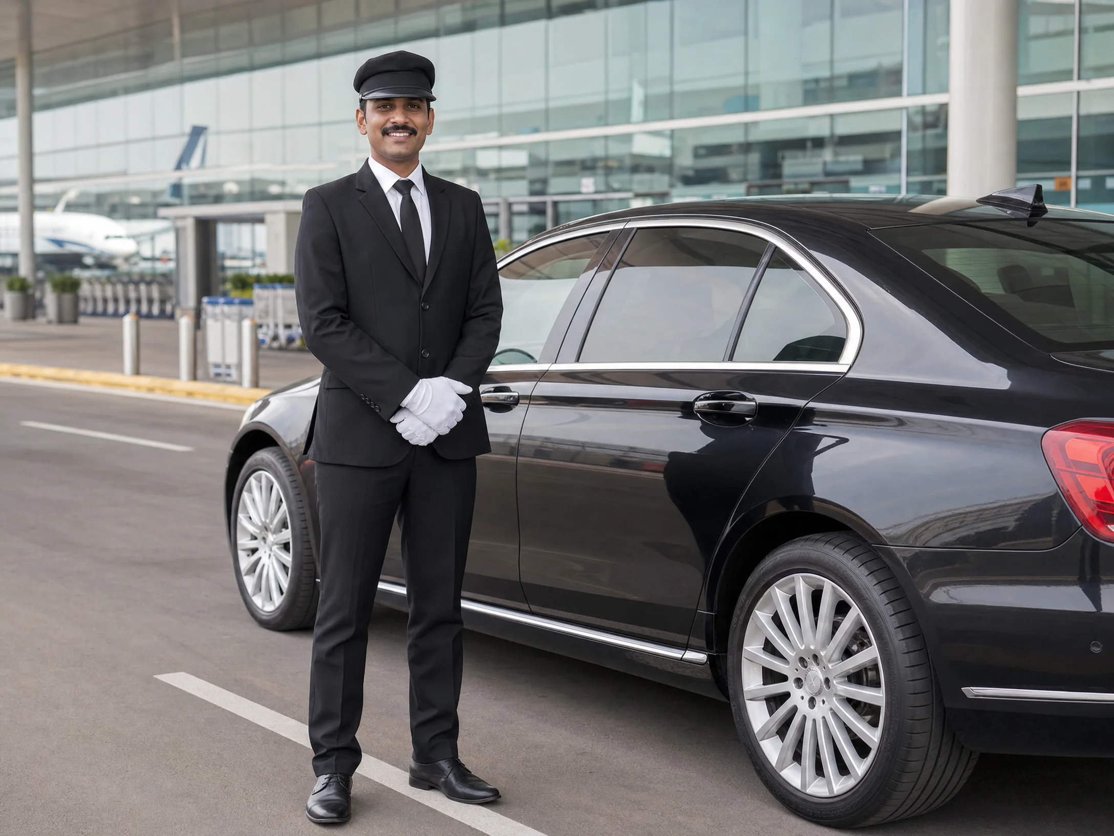 Professional chauffeur with premium car at airport